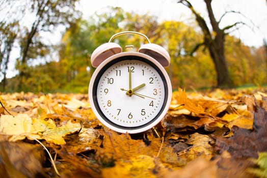 World earth hour, alarm clock stands in the forest, turn off lights, save energy, protect nature and planet earth, environment and ecology
