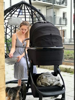 A young mother sits on the terrace in a cocoon chair near a baby carriage and eats a blueberry berry