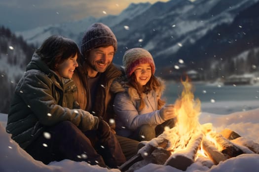 Family sitting around campfire in evening during mountain winter trip. Winter season. People having fun sitting at bonfire looking at mountain landscape. Enjoying fire in the evening. Weekend trip. Travel to the mountains. Natural destinations