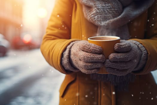 Woman having hot coffee on the go outdoors on winter day. Female is having a walk with hot drink. Enjoying takeaway coffee. Woman dressed warm standing in a street downtown