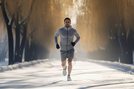 Fit man running outdoor during workout on winter day. Man jogging in park. Active man. Cardio training. Physical fitness. Cardio workout. Healthy lifestyle. Daily routine. Body exercises