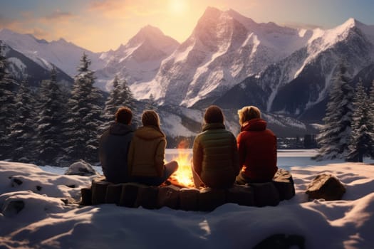 Friends sitting around campfire in evening during mountain winter trip. Winter season. People having fun sitting at bonfire looking at mountain landscape. Enjoying fire in the evening. Weekend trip. Travel to the mountains. Natural destinations