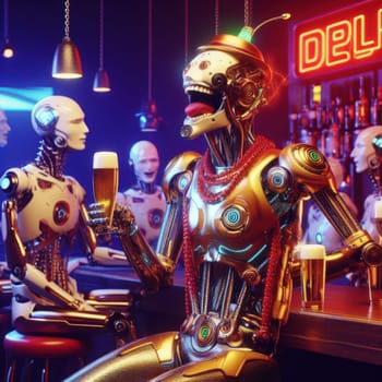 3d art of comical drunk happy flamboyant futuristic robot in a bar generative ai