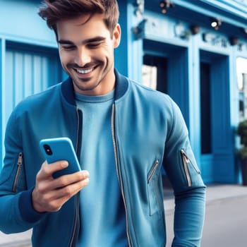 happy young attractive fashionable man wearing cerulean blue clothes using a phone in a color coordinated street generative ai