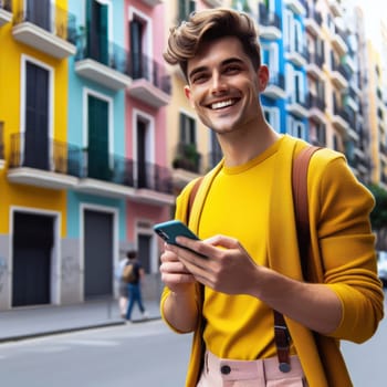 happy young attractive fashionable man wearing colorful clothes using a phone in a color coordinated street generative ai