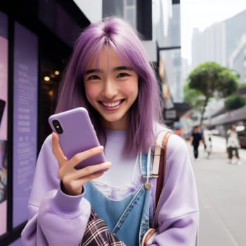happy young attractive fashionable asian woman wearing purple voilet haze clothes using a phone in a color coordinated street generative ai