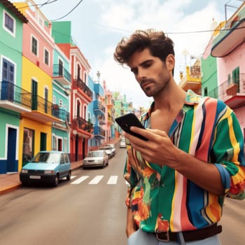 attractive fashionable man wearing colorful clothes using a phone in a color coordinated street generative ai