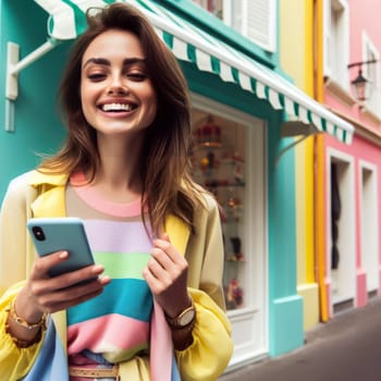 happy young attractive fashionable woman wearing colorful clothes using a phone in a color coordinated street generative ai