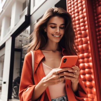 happy young attractive fashionable woman wearing  burnt coral colored clothes using a phone in a color coordinated street generative ai