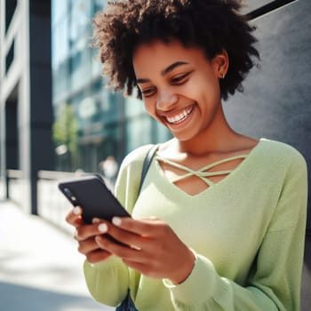 happy young attractive fashionable woman wearing lime wedge colored clothes using a phone in a color coordinated street generative ai