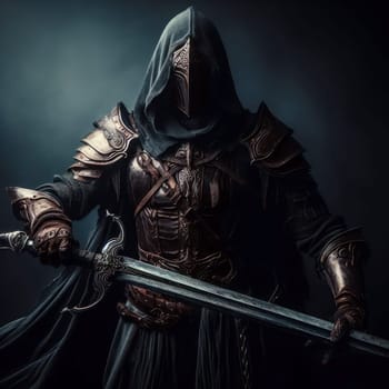 confident hooded villian or strong mysterious fantasy warrior hero dark and moody on black generative ai