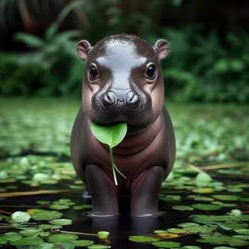 cute and gorgeous baby hippo with a leaf in its mouth in the river generative ai