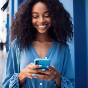 happy young attractive fashionable black woman wearing cerulean blue clothes using a phone in a color coordinated street generative ai