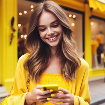 happy young attractive fashionable woman wearing canary yellow clothing using a phone in a color coordinated street generative ai