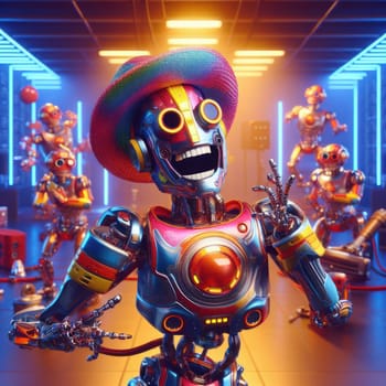 3d art of happy loud and flamboyant comical futuristic robot in lab generative ai