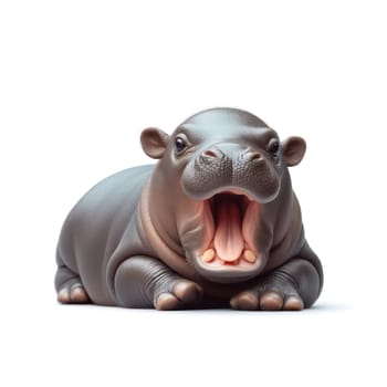 cute and adorable baby hippo with mouth open on white background generative ai