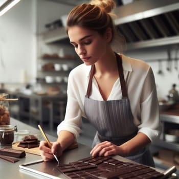 female chocolatier pastry chef working on fine chocolates in kitchen generative ai
