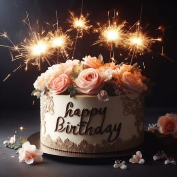 beautiful delicious and luxurious happy birthday cake with sparkler candles