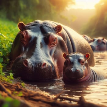 mother and baby hippopotamus laying and watching in the river generative ai