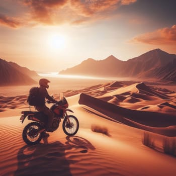 adventure travel ride a motorbike through a great sandy desert with rolling dunes generative ai