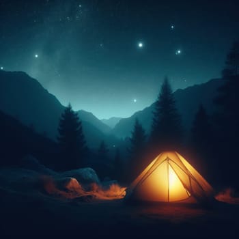 camping in a tent in a snowy landscape under a beautiful starry sky generative ai