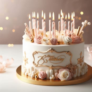beautiful delicious and luxurious happy birthday cake with candles