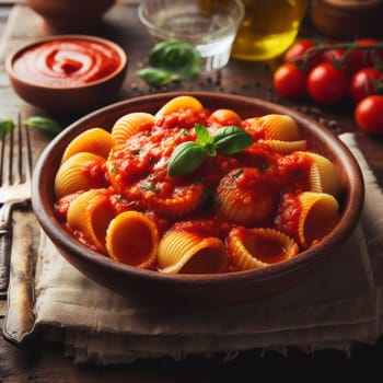 traditional italian conchiglie with tomato sauce on a rustic table generative ai