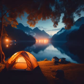 camping in the tent at night by the lake under a beautiful starry sky generative ai