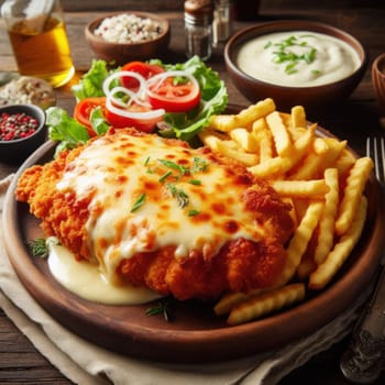 delicious chicken parmigiana schnitzel served with fries and salad generative ai