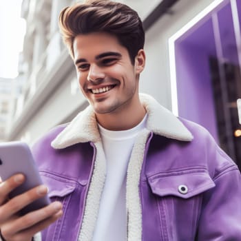 happy young attractive fashionable man wearing purple voilet haze clothes using a phone in a color coordinated street generative ai