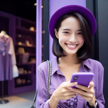 happy young attractive fashionable asian woman wearing purple voilet haze clothes using a phone in a color coordinated street generative ai