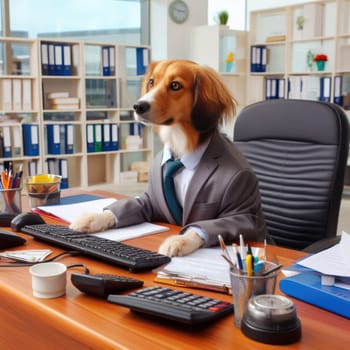 well dressed dog in a suit working hard at desk in the business office generative ai