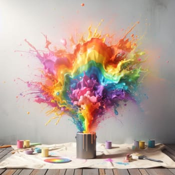 big splash of multicolored rainbow paint coming out of the can onto the wall generative ai