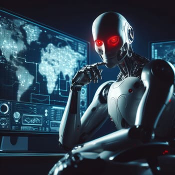 evil AI humanoid robot thinking and plotting to take over the world generative ai