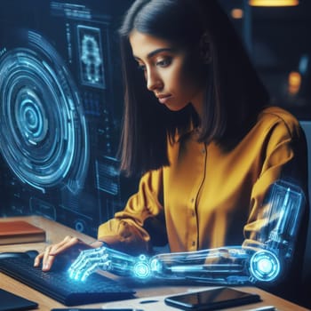 woman using an futuristic enhanced robotic cybernetics arm in the office generative ai