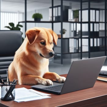 funny dog using a laptop at the desk generative ai