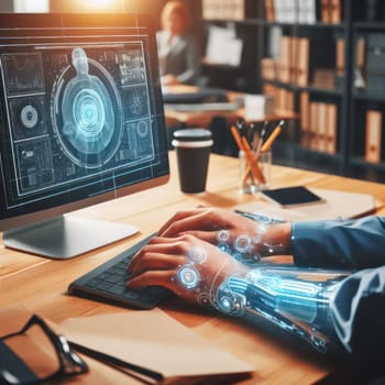 closeup of person typing on keyboard with a futuristic enhanced robotic arm in the office generative ai