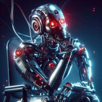 evil AI humanoid robot thinking and plotting to take over the world generative ai