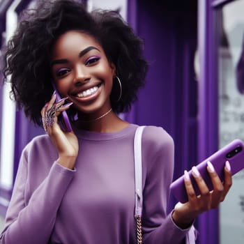 happy young attractive fashionable black woman wearing purple voilet haze clothes using a phone in a color coordinated street generative ai