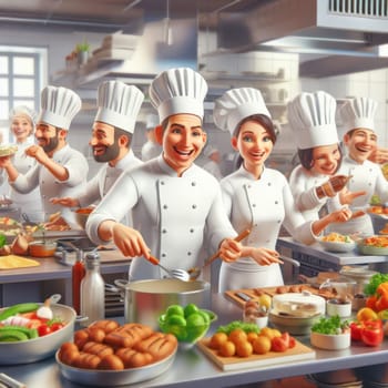 illustration of chefs and cooks happy and laughing in a large commercial kitchen generative ai