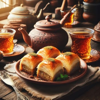 plate of delicious greek or turkish baklava on a plate in a rustic setting generative ai