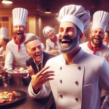 illustration of chefs and cooks happy and laughing in a large commercial kitchen generative ai
