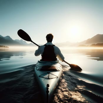 man kayaking or canoeing on a flat water lake at sunrise generative ai photo