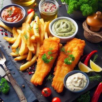 delicious british fried fish and chips with tartar sauce and lemon in a rustic setting generative ai