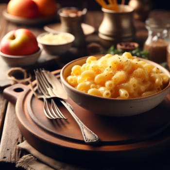 delicious bowl of macaroni and cheese on a rustic table generative ai
