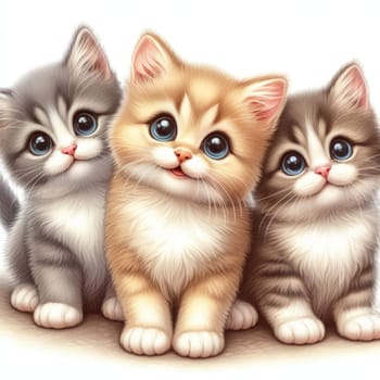 illustration of three cute and adorable kittens on white generative ai