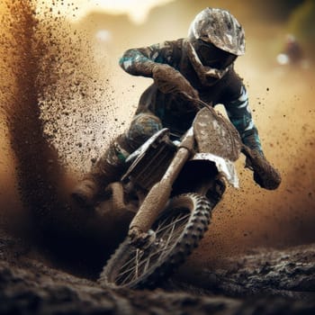 action closeup of motocross rider on track with mud spraying generative ai