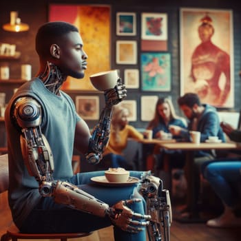 cybernetic person who has futuristic robotic enhancements or parts drinking coffee  generative ai