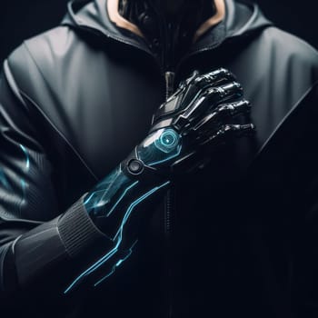 advertising or fashion style shoot of a person with futuristic robotic cybernetic enhancements generative ai