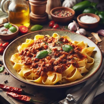 delicious traditional italian pappardelle alla bolognese in a rustic setting generative ai